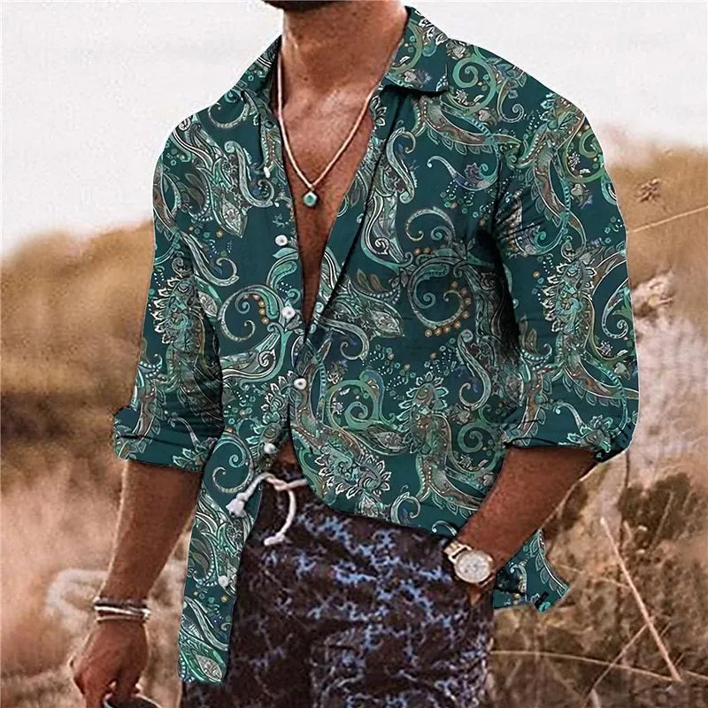 Men's loose fit bohemian style shirt with a detailed 3D floral pattern and long sleeves.