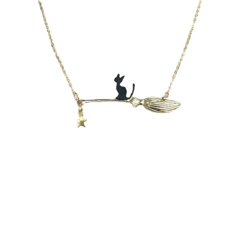 Alloy necklace with a simple black cat pendant for Halloween, shown in silver and gold colour options.