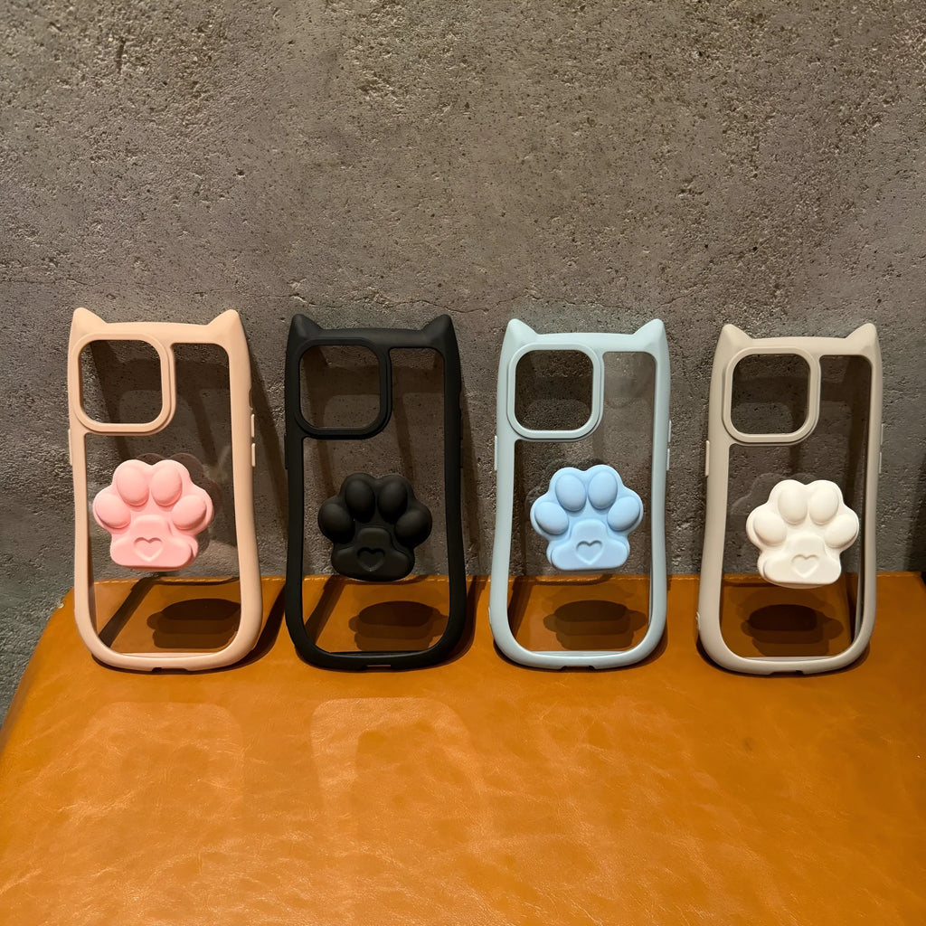 Cute three-dimensional cat ears transparent PC phone case for iPhone 11 12 13 14 15 16 Pro Max Plus; blue colour variant on display