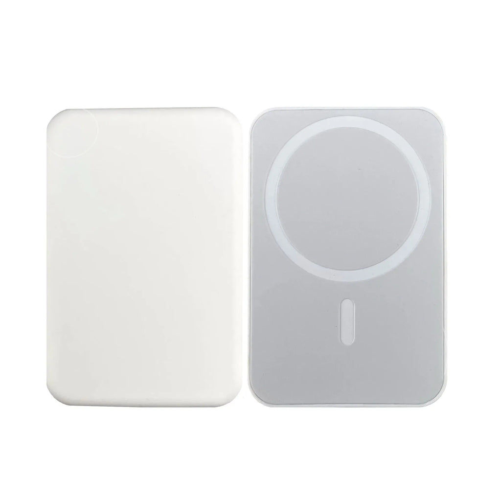 White magnetic wireless charging power bank with 5000mAh capacity measuring 100x65x16mm