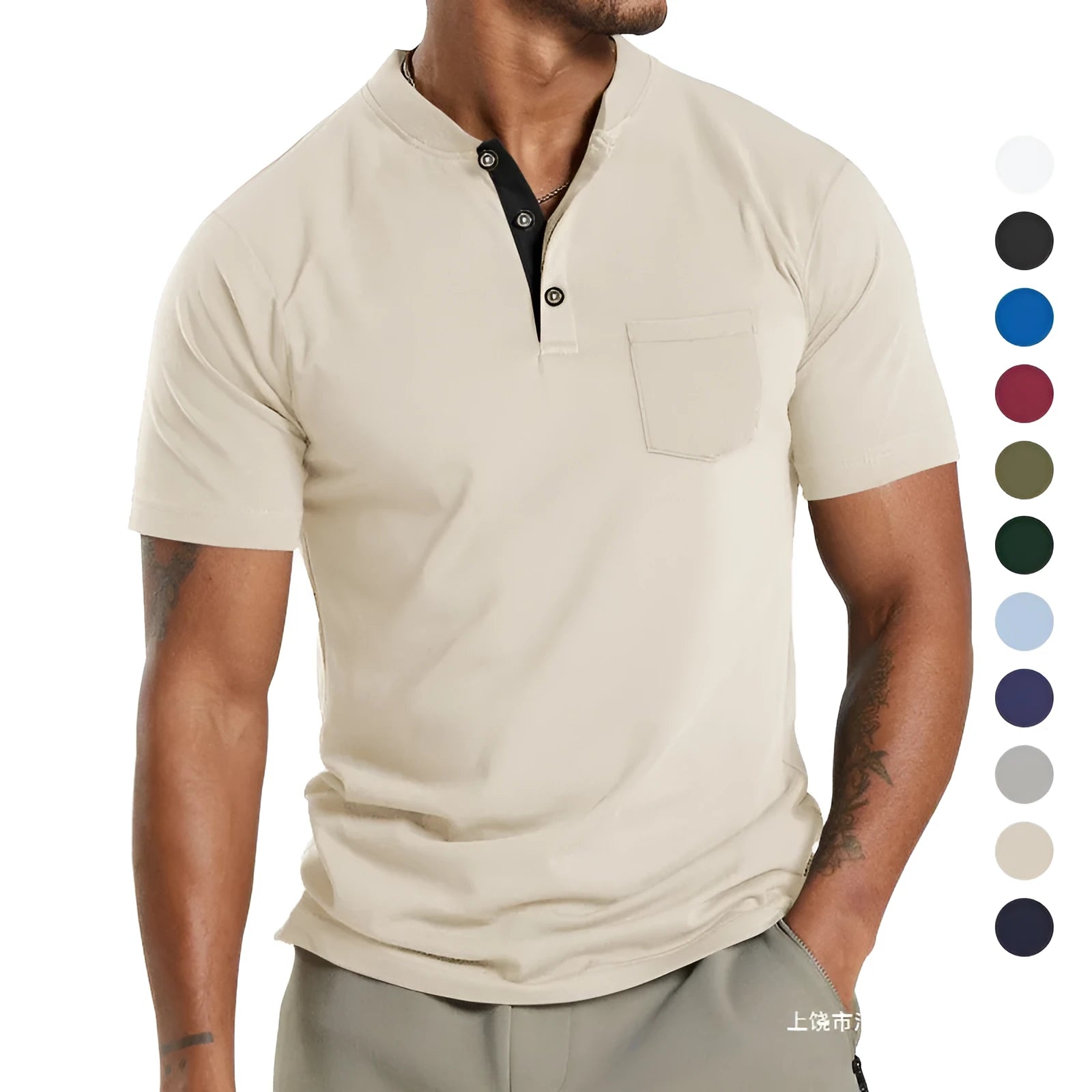 Plus size men's short sleeve button shirt with chest pocket in solid colour polyester fabric