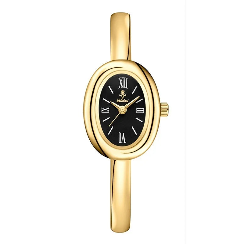 Women's oval retro quartz watch with 8mm thickness showing gold and silver colour options with spiral patterns