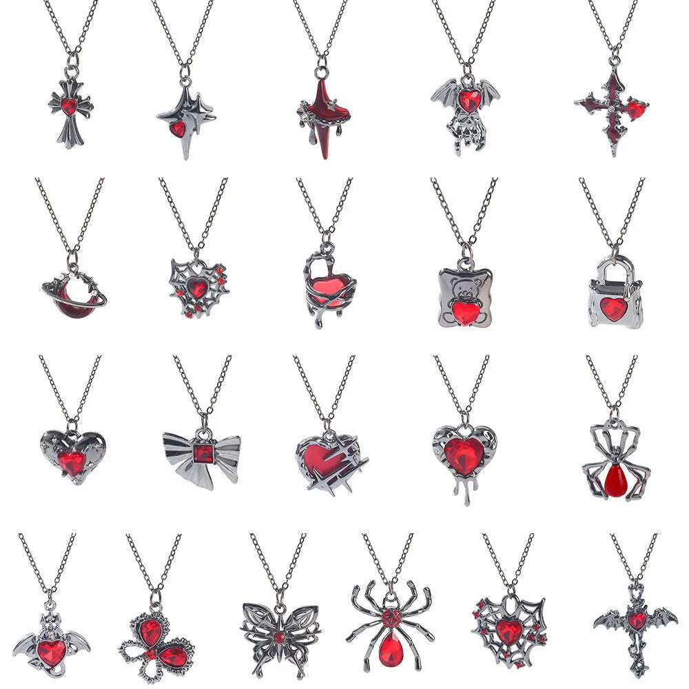 Dark Halloween necklace with zinc alloy electroplated pendant showing spider web and bat designs on regular chain