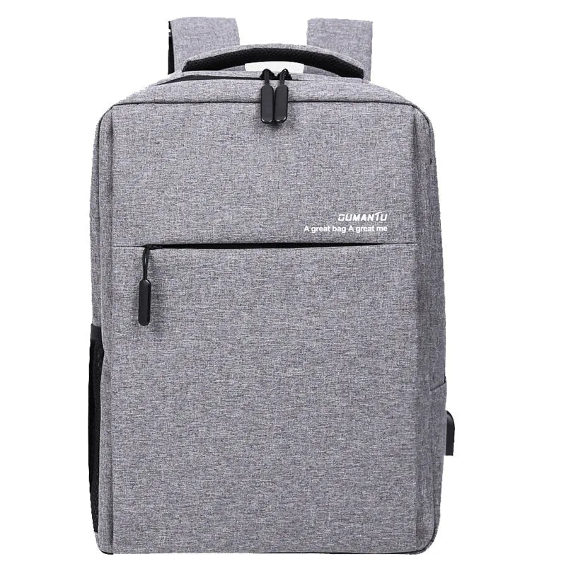 Black waterproof Oxford cloth laptop backpack with shoulder straps and built-in rechargeable power bank.