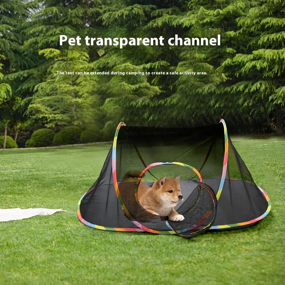 Foldable mesh cat roll cage showing hexagonal, tent and tee shape options for feline play