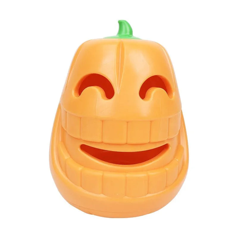 Orange Halloween pumpkin shaped interactive dog chew toy with a treat dispensing funnel.