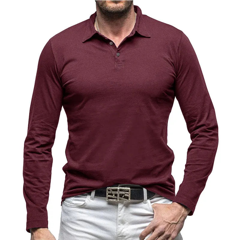 Men's dark gray cotton polo collar long sleeve t-shirt in American Retro style