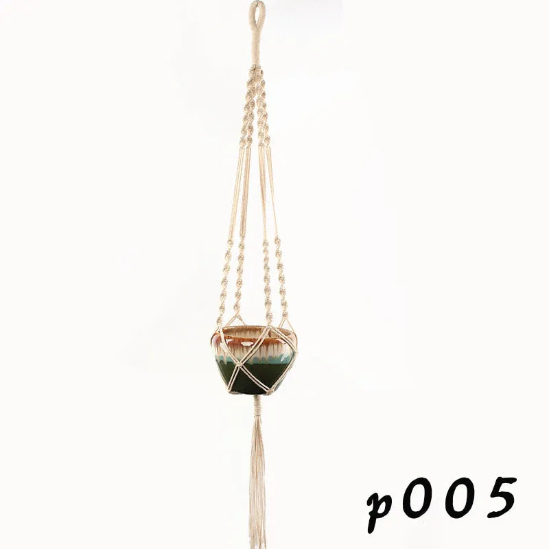Woven wire plant hanger with cotton rope and jute twine in multiple style configurations