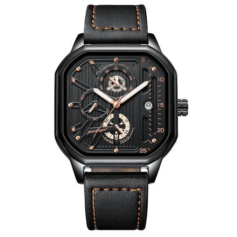 Men's black and gold quartz sports watch with belt-style strap and 8mm metal case.