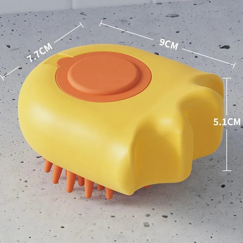 Blue pet bath brush with shampoo reservoir measuring 9cm long with four massage nodes