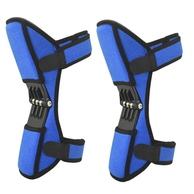 Adjustable black spring knee brace with straps and venting holes for sports support.