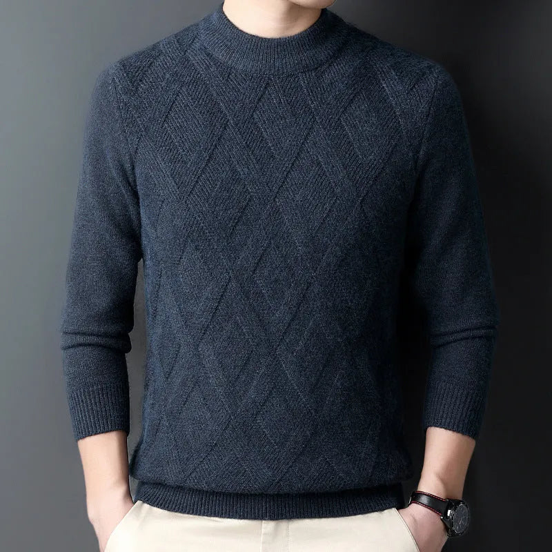 Men's thick winter wool blend pullover sweater with diamond jacquard pattern in a plus size fit.