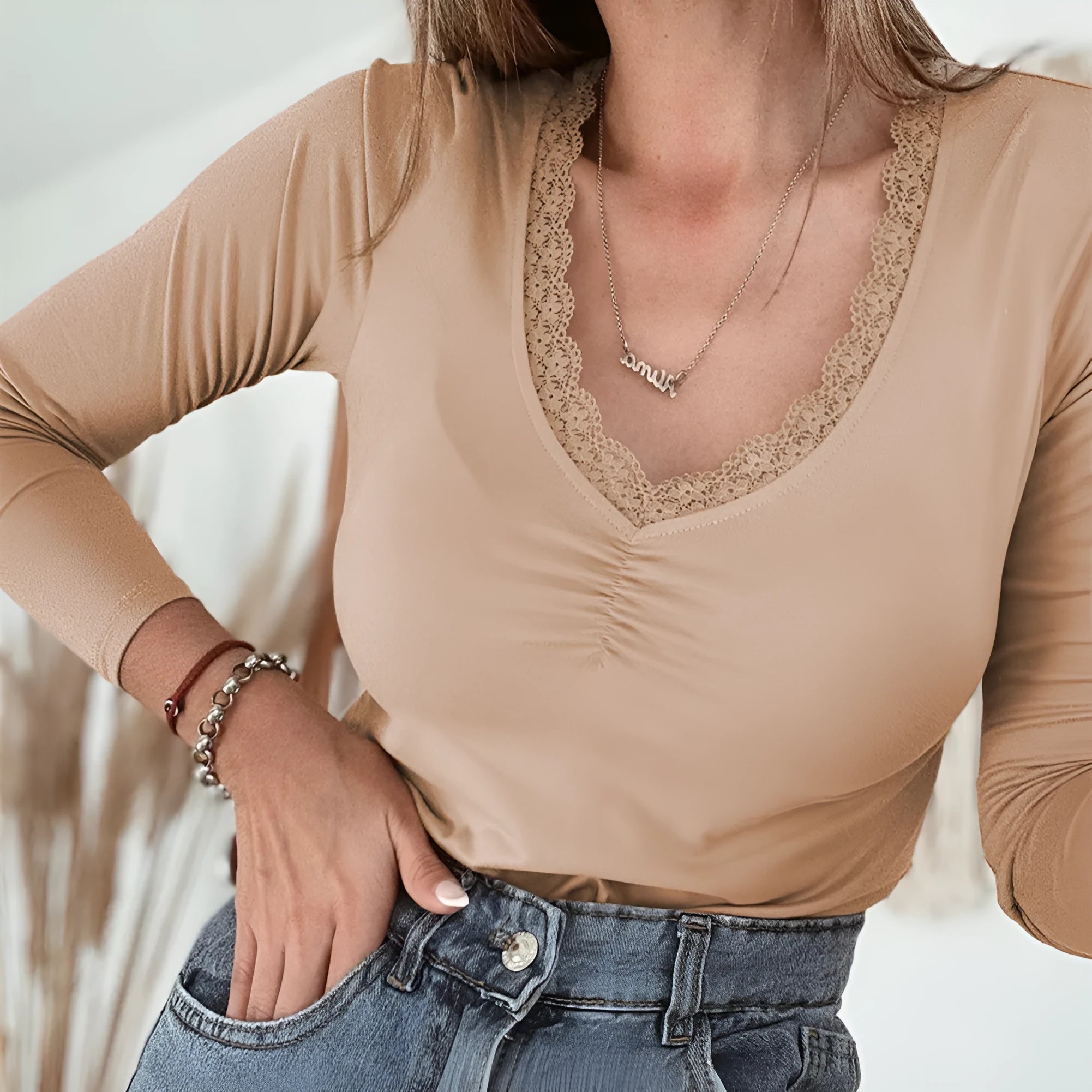 Women's red slim fit casual top with lace trim and long sleeves