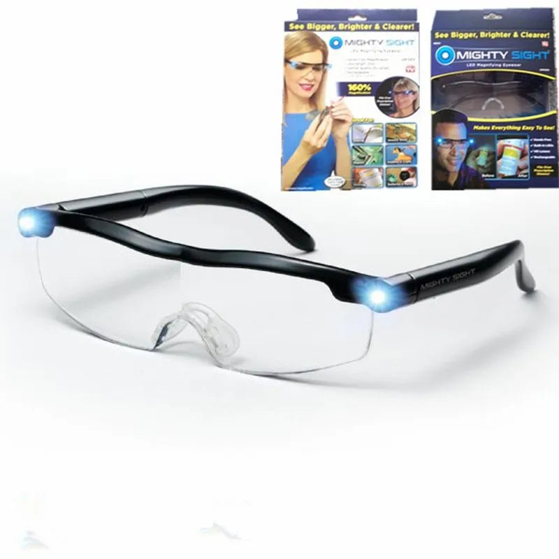 Transparent black USB LED reading glasses with illuminated frames on a dark background.