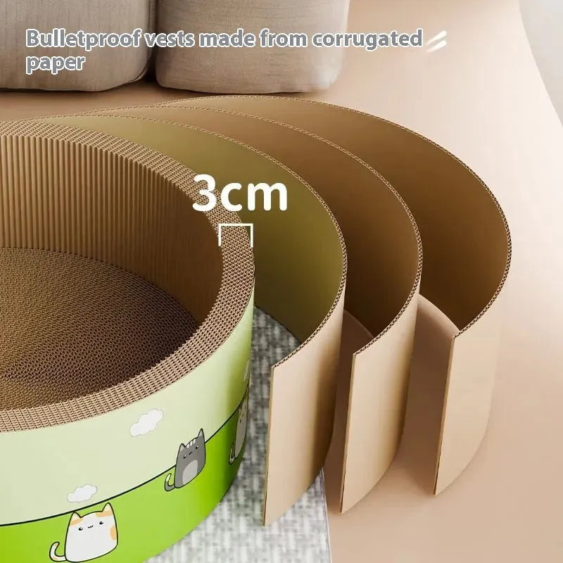 Large round cat scratch board with deep pit texture made from corrugated paper