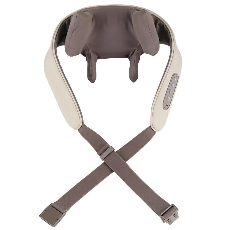 Milky white rechargeable shoulder and neck kneading massager with infrared physiotherapy.