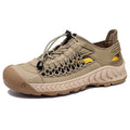 Men's hand-woven closed-toe sandals in light grey with a rubber sole and elastic band.