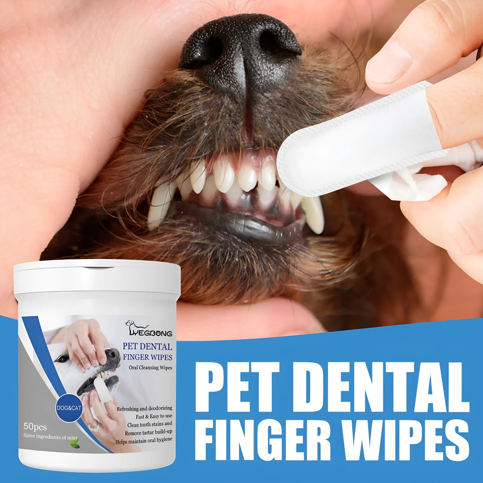 Dog dental care finger stall wipes in aluminium can with silicone brush attachment for teeth cleaning