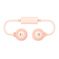 Pink folding leafless neck fan worn around neck showing three-speed controls and USB charging port