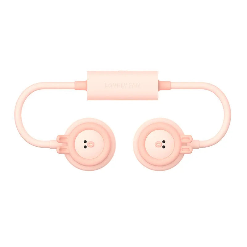 Pink folding leafless neck fan worn around neck showing three-speed controls and USB charging port
