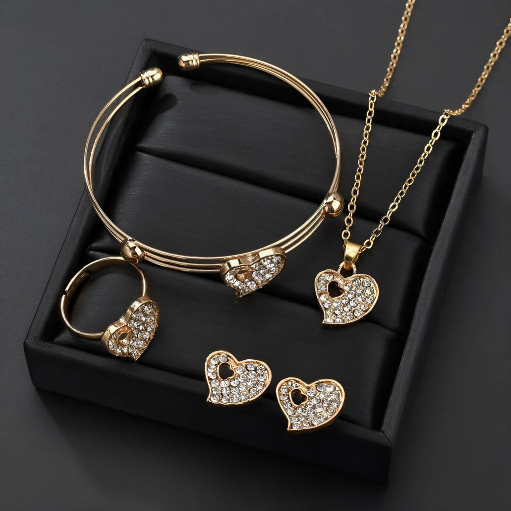 Gold tone alloy love heart necklace and earrings set with adjustable 21-50cm chain