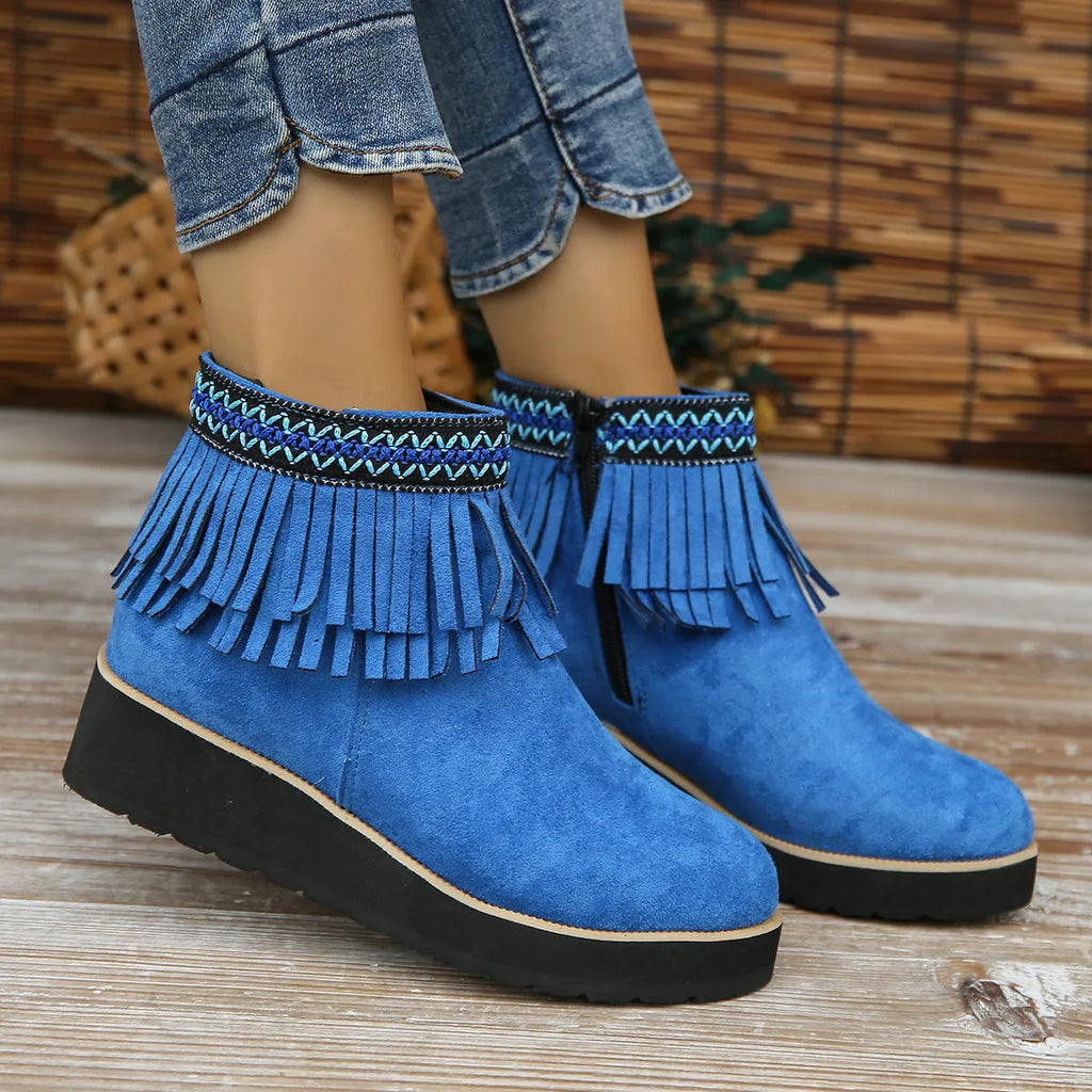 Women's suede wedge ankle boots with side zip and waterproof platform in three colour options