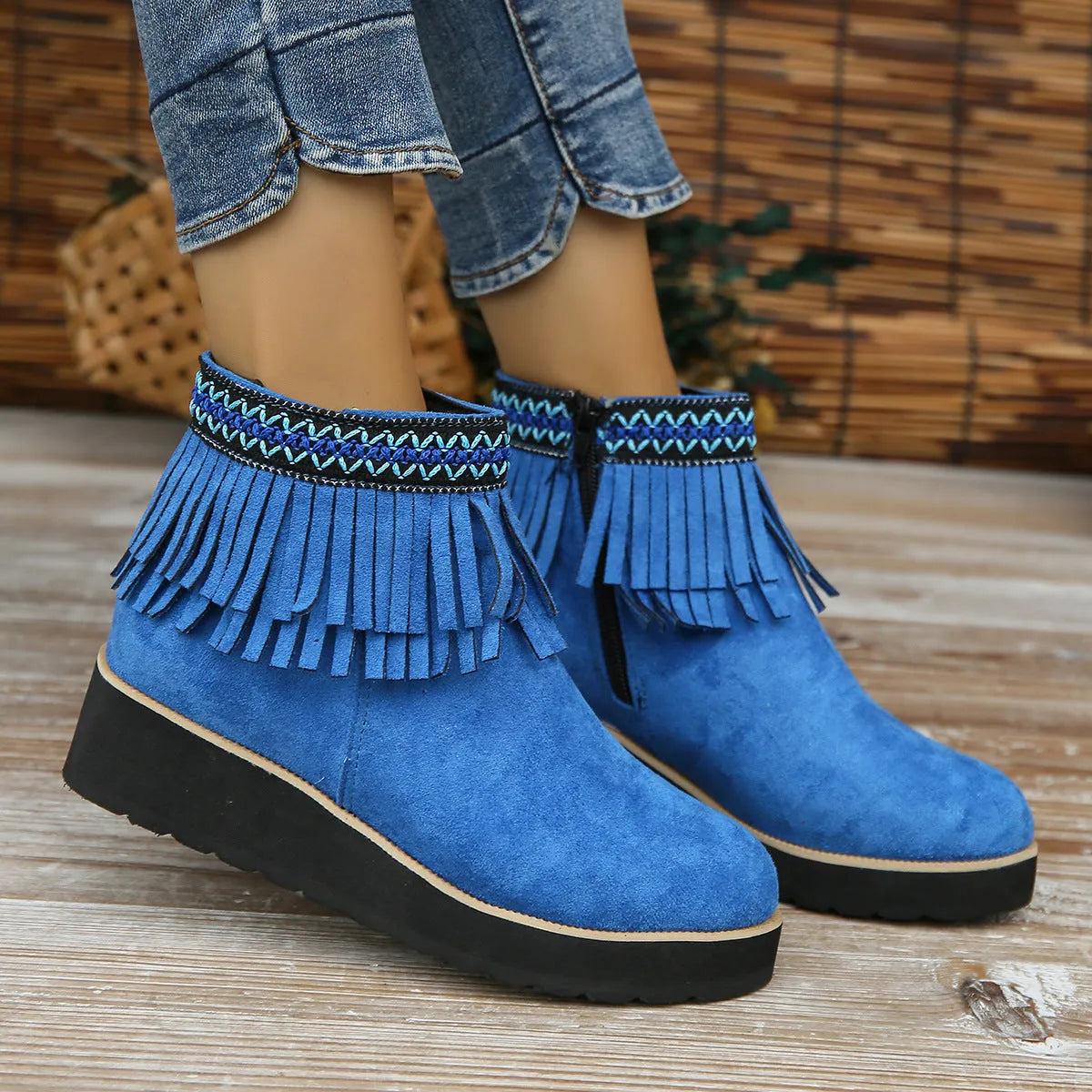 Women's suede wedge ankle boots with side zip and waterproof platform in three colour options