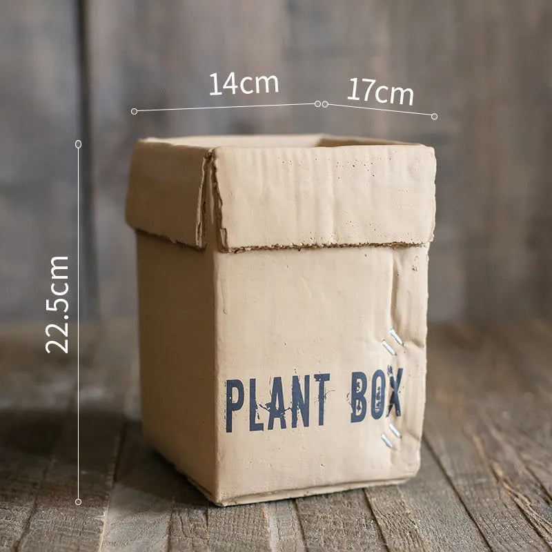Cement brown paper box design flowerpot with drainage holes for indoor planting