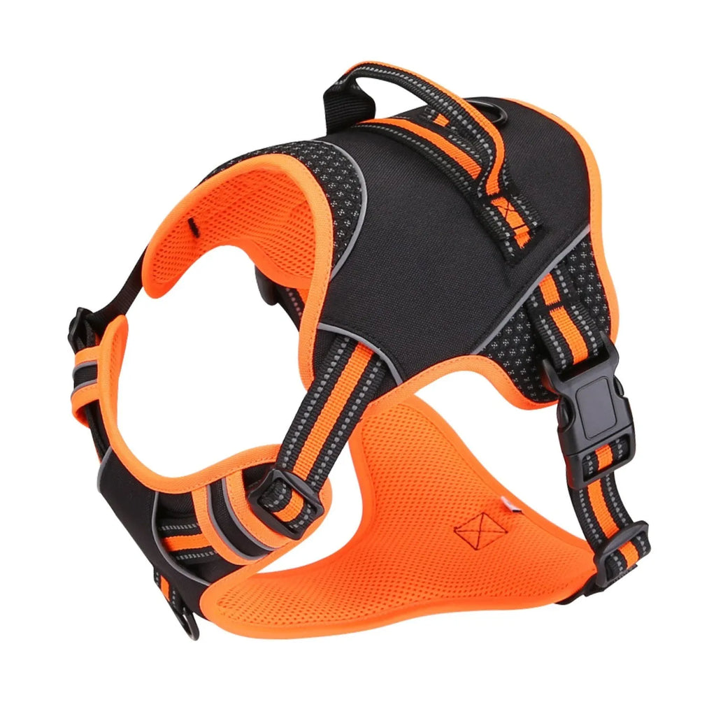 Yellow and orange polyester dog harness and leash set shown in small, medium, and large sizes.