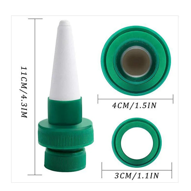 Green ceramic automatic water dripper device for attaching to a cola bottle for plant irrigation.