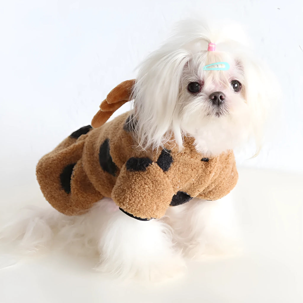 Polka dot elk couple pattern pet costume shown in skirt and four-leg styles for cats and dogs