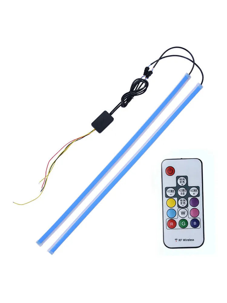RGB colour-changing LED daytime running light strip with remote control for General Motors cars.