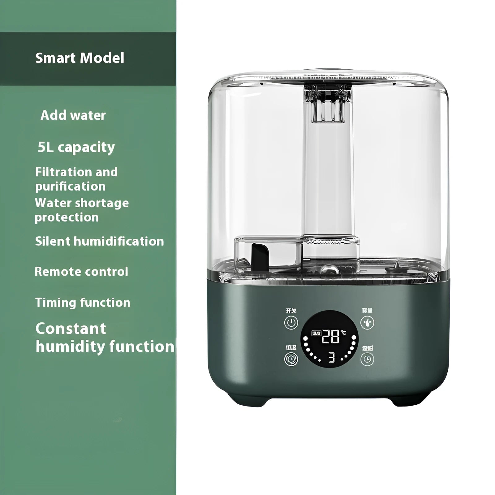 Green KC-112 intelligent humidifier with touch screen display and remote control on a table.