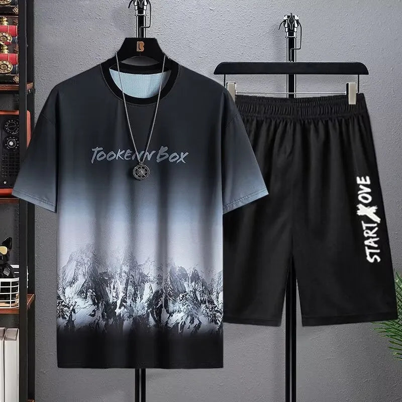 Men's summer suit with short sleeve t-shirt and matching shorts in lightweight polyester fabric