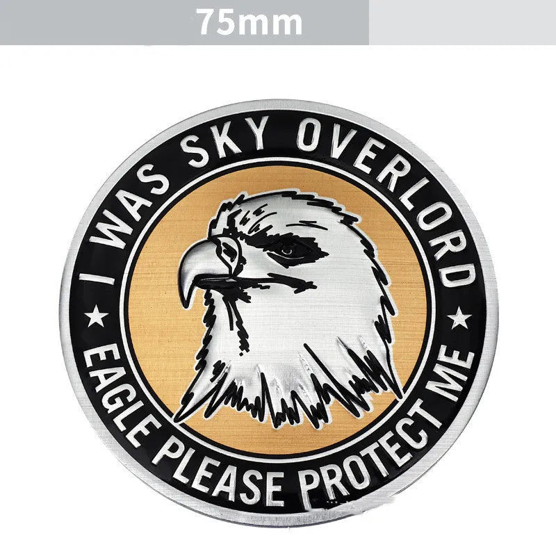 Aluminium car body sticker pack showing eagle, tiger, round lion, round wolf head, and round eagle designs.