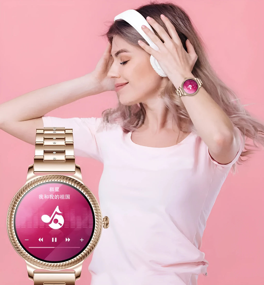 AK38 ladies smart watch with stainless steel band and 1.09-inch colour screen