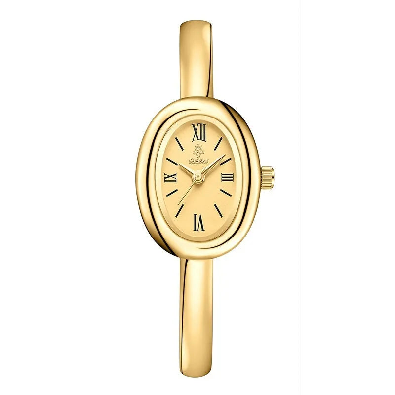 Women's oval retro quartz watch with 8mm thickness showing gold and silver colour options with spiral patterns