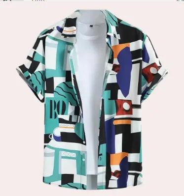 Men's loose fit camouflage pattern short sleeve cardigan shirt on a hanger.