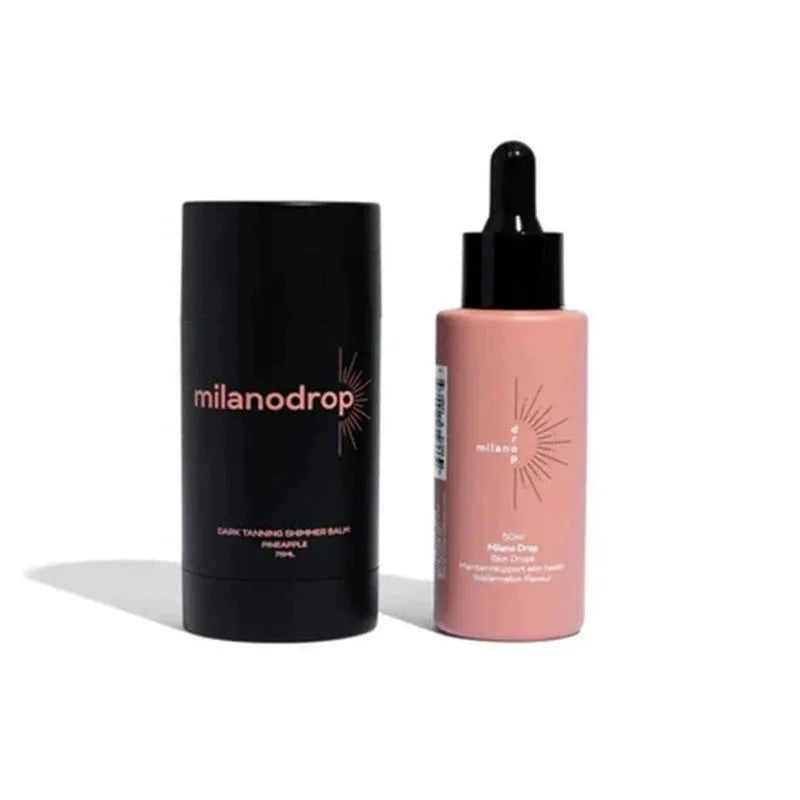 Matte sun tanning black liquid showing 50ml tanning drops bottle and 75ml tanning flash cream tube