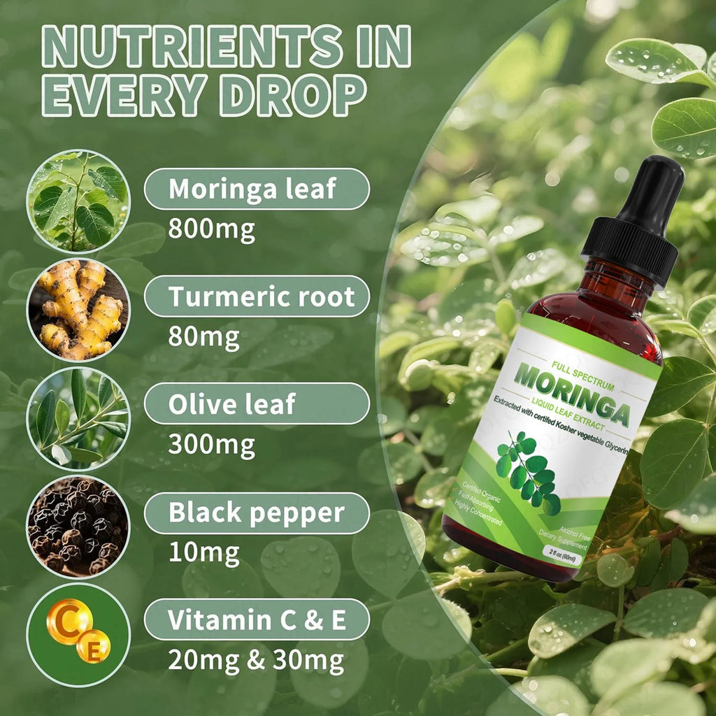 60ml bottle of organic moringa leaf extract liquid supplement with dropper
