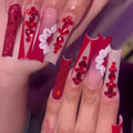 Sweet flowers temperament prismatic red diamond design on long European square artificial nails