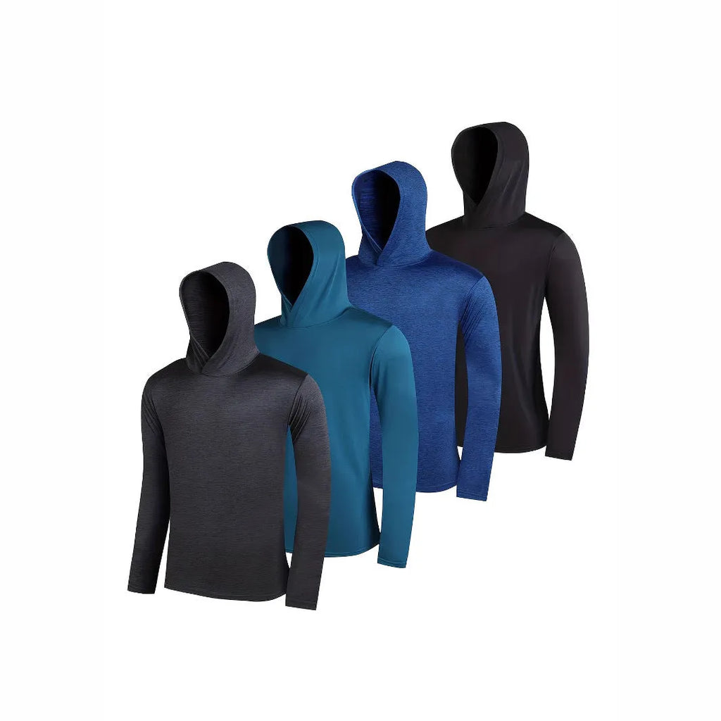 A stack of four men's lightweight polyester hoodies in various colours, showing both hooded and non-hooded styles.