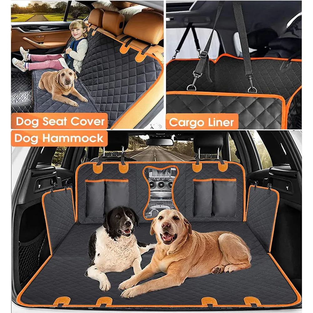 Black dog car seat cover with orange trim, shown fitted as a hammock in a vehicle rear seat.