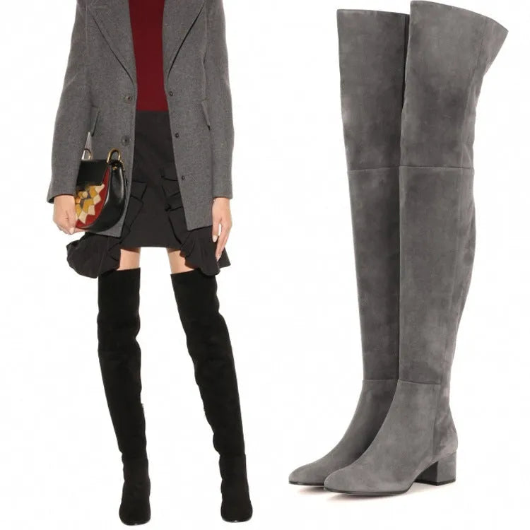 Grey suede women's flat over-the-knee boots with pointed toe and thick rubber sole