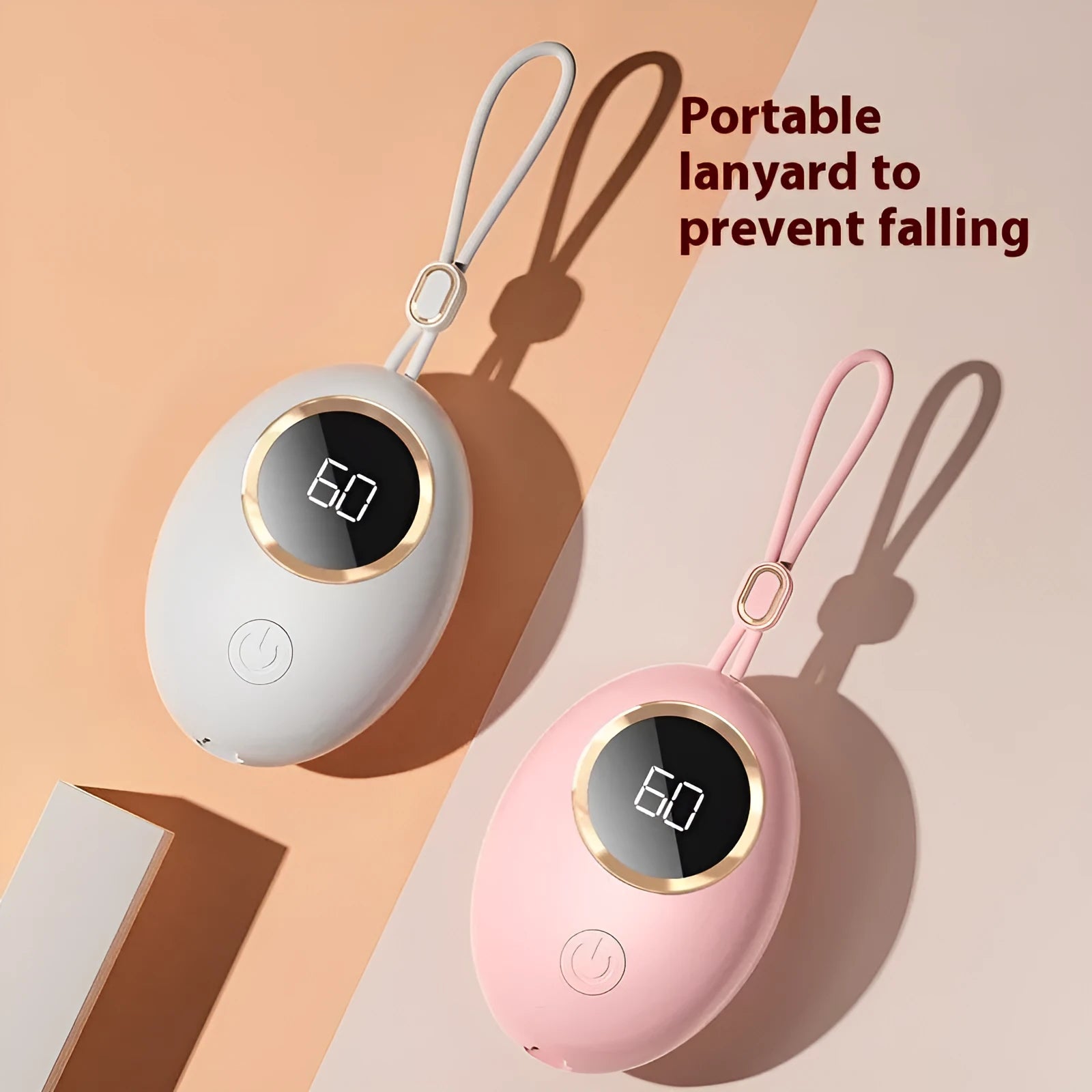 USB-powered hand warmer with digital display in six colour options including blue, green, pink and white finishes