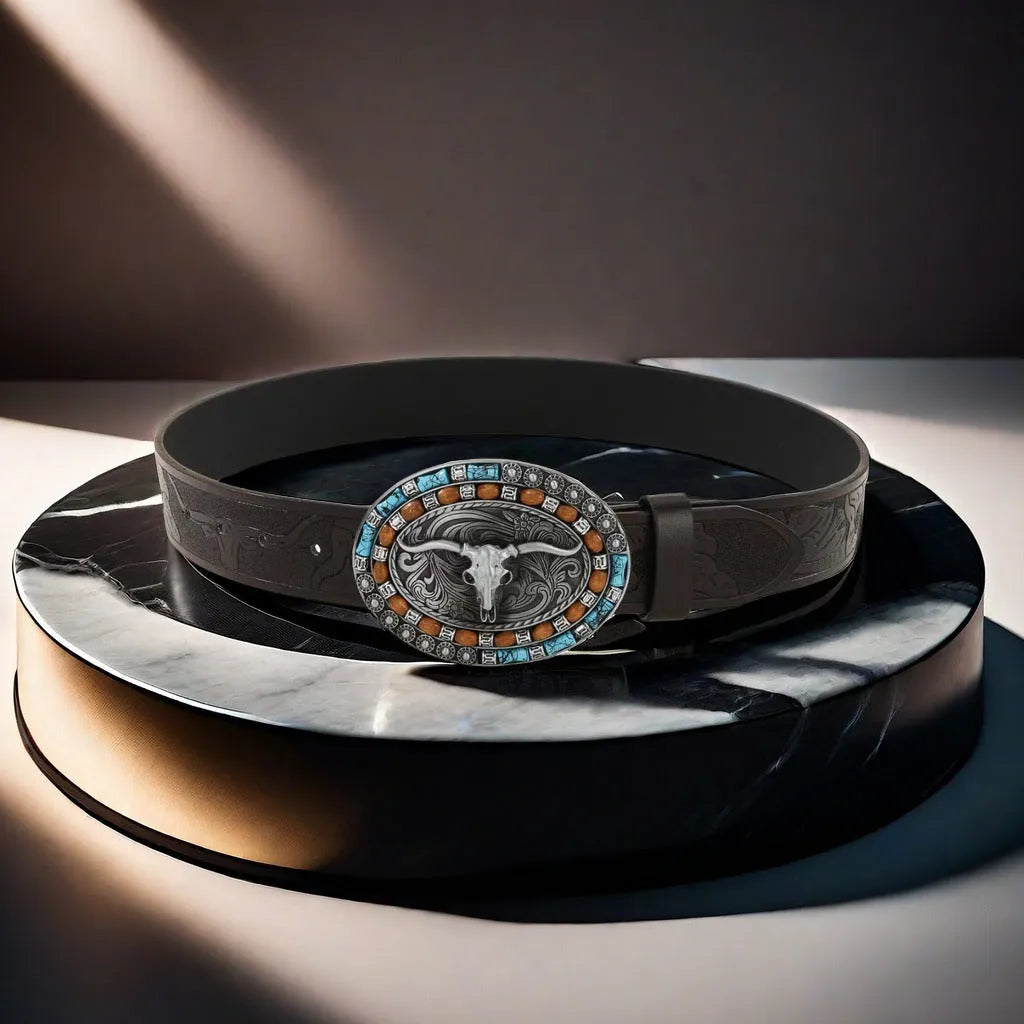 Men's black cow head buckle belt with detailed alloy casting on an imitation leather strap.