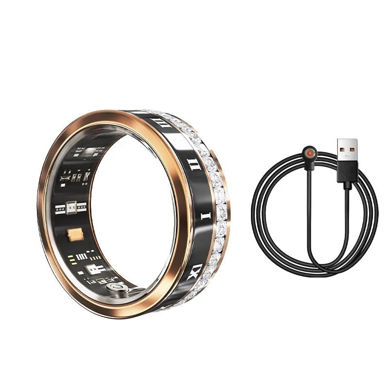 Diamond inlaid smart ring in gold or silver colour with blood oxygen monitoring feature