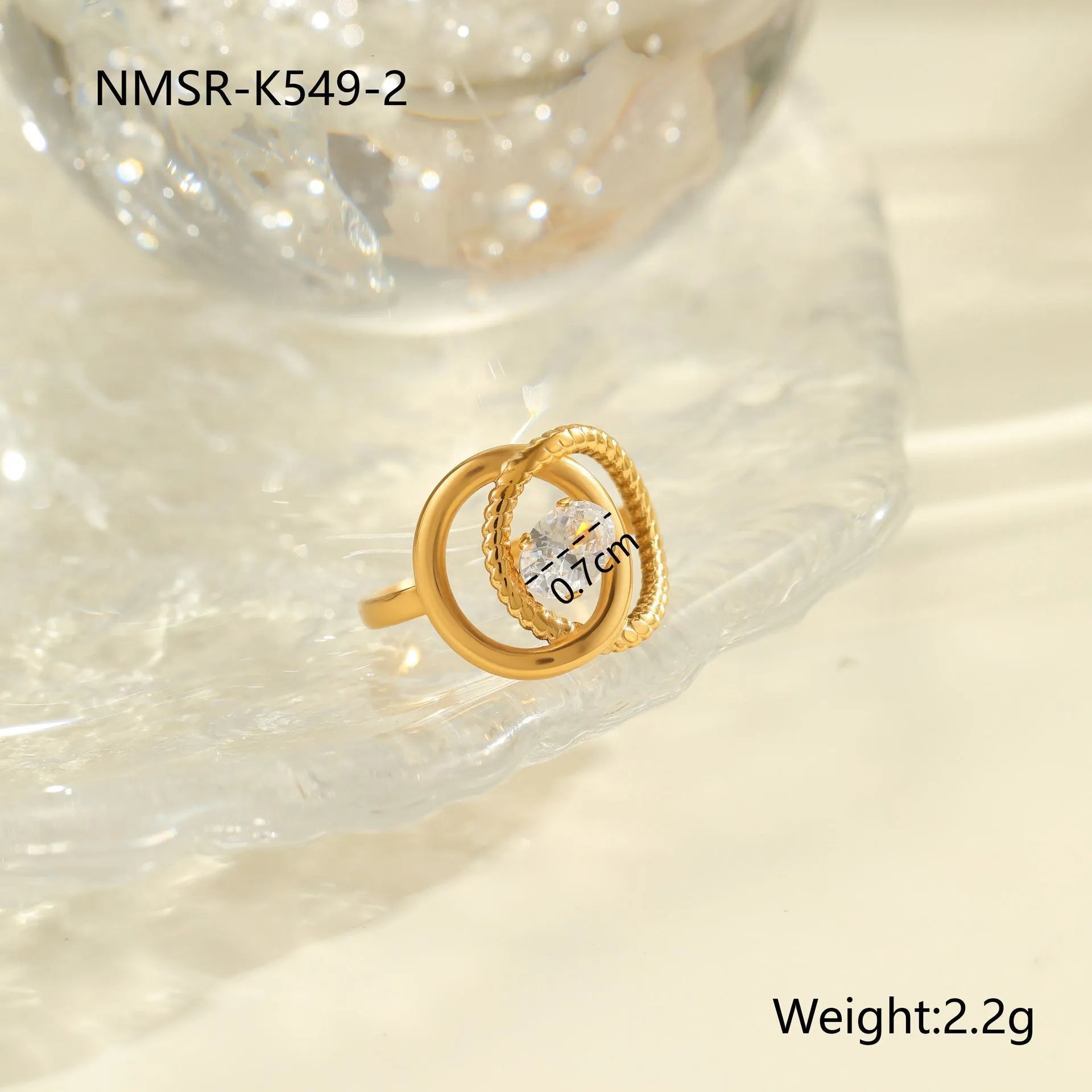 Open mouth geometric stainless steel ring with heart drop shape and gold inlaid zircon.