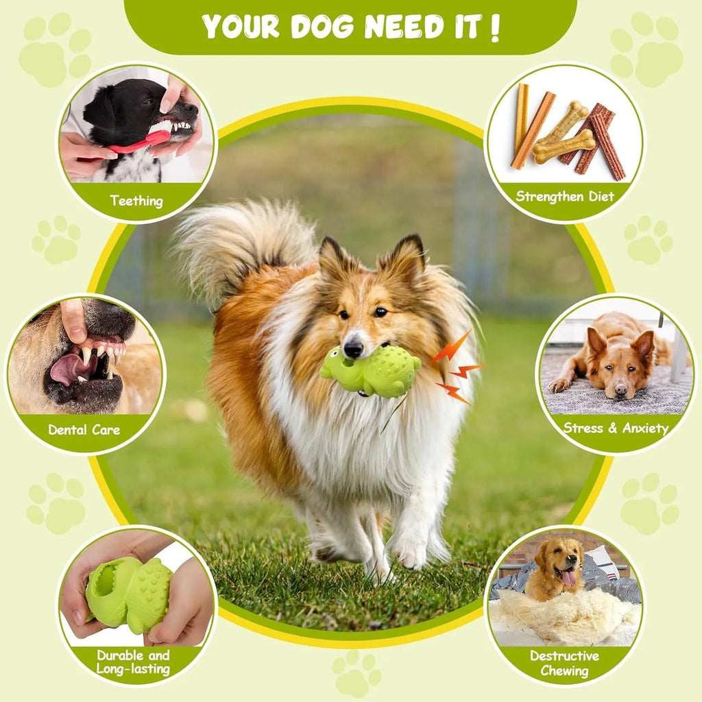 Green and yellow natural rubber squeaky dog chew toy for aggressive chewers.