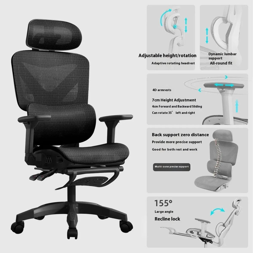 Black frame mesh ergonomic gaming chair with 4D armrests and aluminium alloy foot on a home office floor